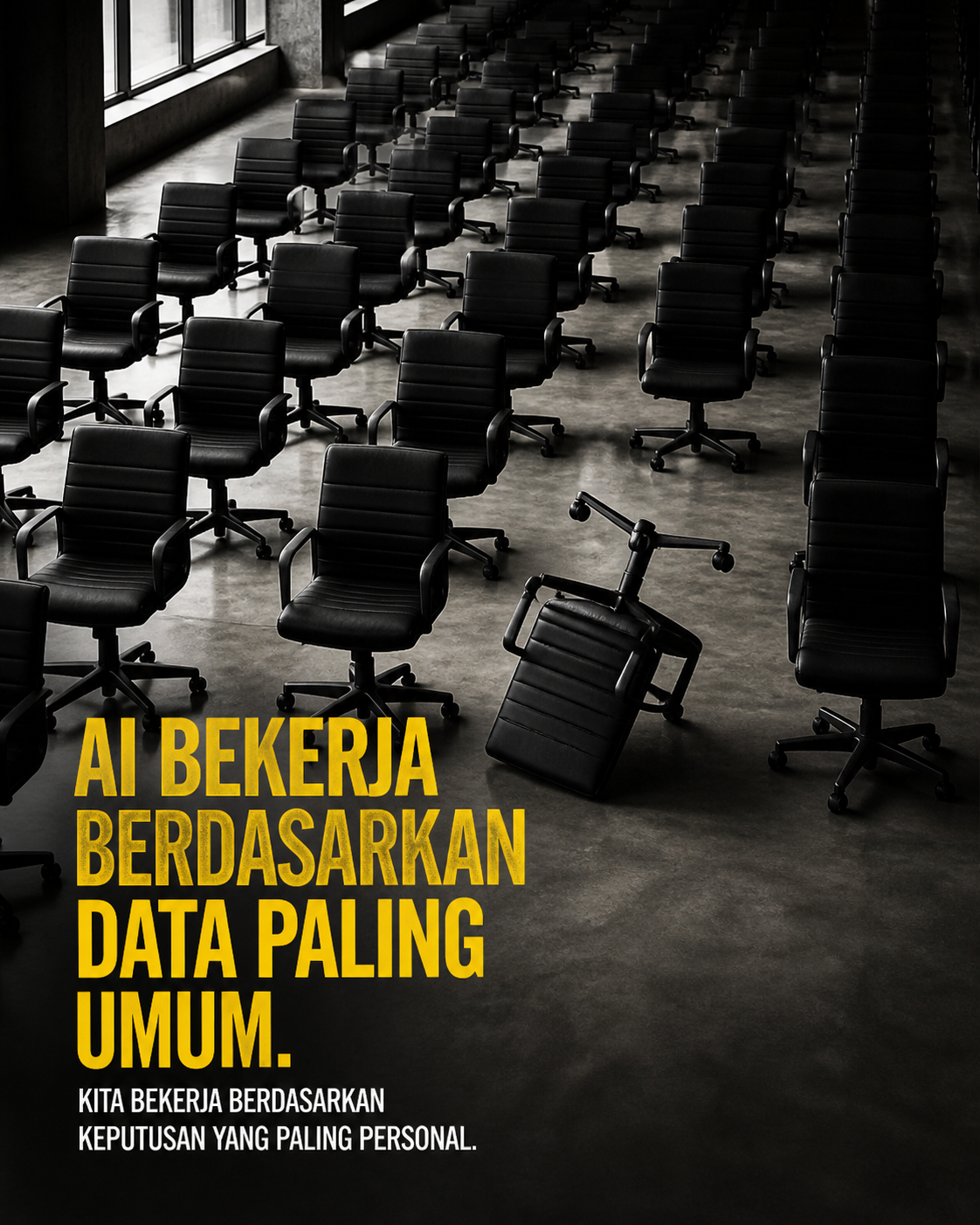 Deretan kursi kantor yang identik dengan satu kursi diletakkan terbalik secara sengaja. AI bekerja berdasarkan data paling umum sementara kita bekerja berdasarkan keputusan yang paling personal.