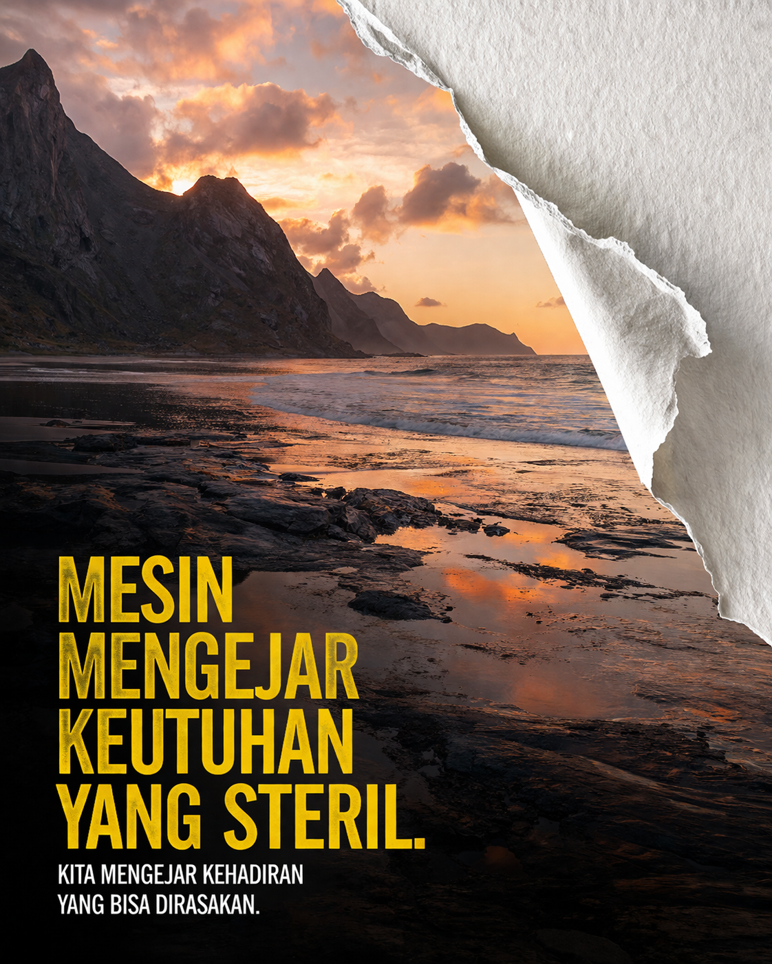 Sebuah foto lanskap sempurna yang disobek sedikit di bagian pojok untuk memperlihatkan tekstur kertas. Mesin mengejar keutuhan yang steril sedangkan kita mengejar kehadiran yang bisa dirasakan.