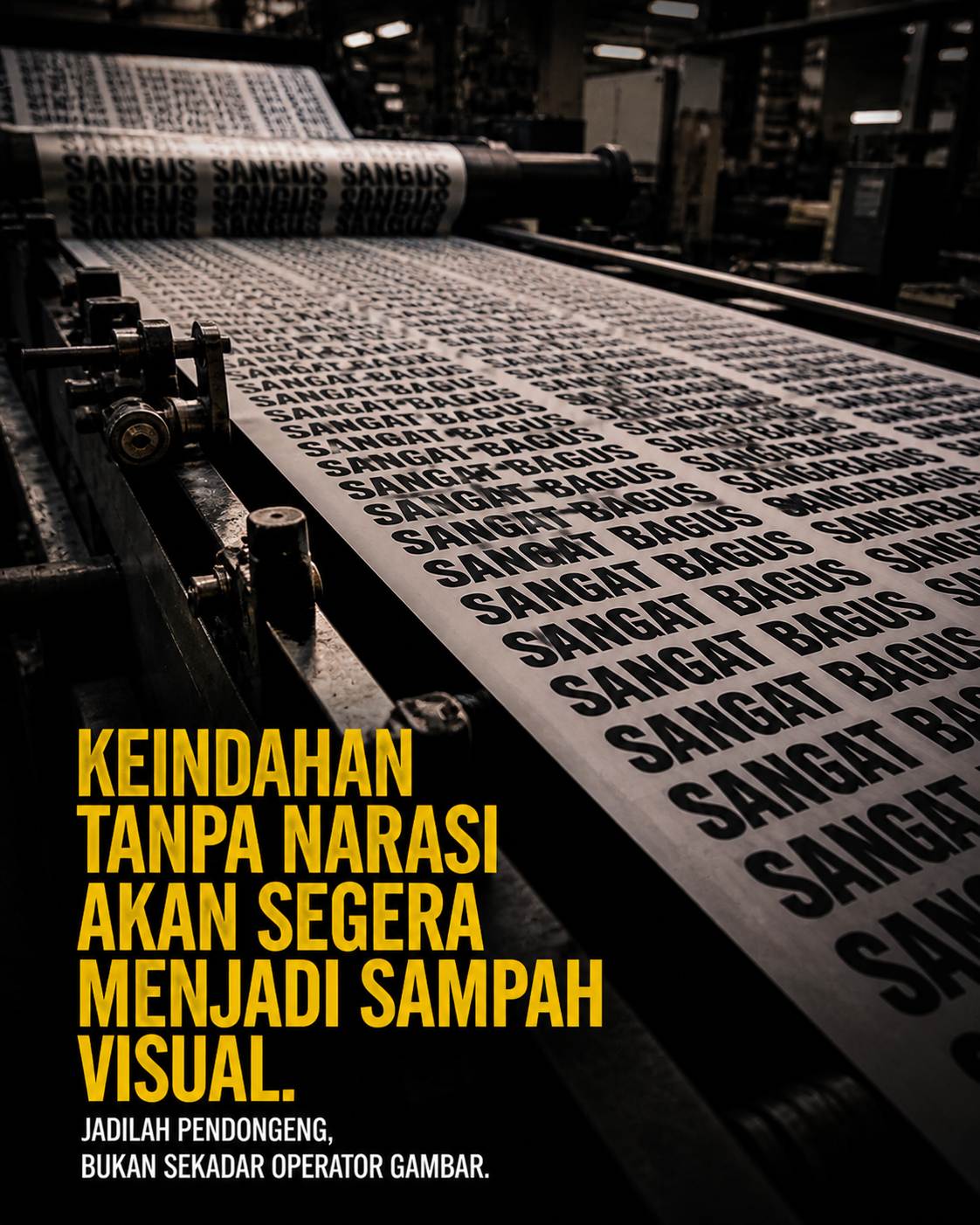 Tulisan Sangat Bagus yang dicetak ribuan kali sampai kata-katanya tidak lagi punya arti. Keindahan tanpa narasi akan segera menjadi sampah visual jadi jadilah pendongeng bukan sekadar operator gambar.