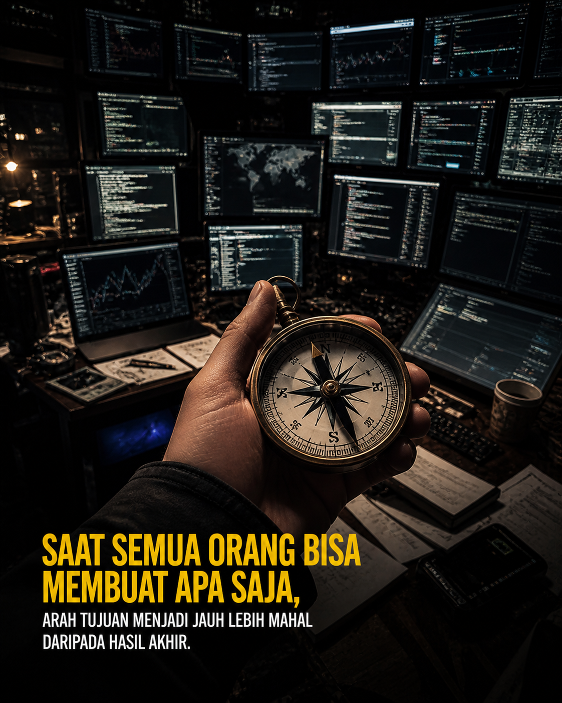 Seseorang yang sedang memegang kompas di tengah ruangan yang penuh dengan layar monitor. Saat semua orang bisa membuat apa saja arah tujuan menjadi jauh lebih mahal daripada hasil akhir.
