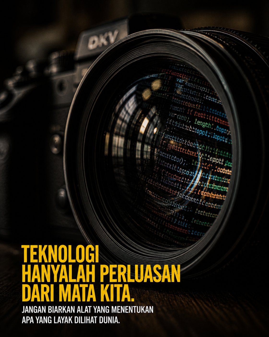 Sebuah lensa kamera yang di dalamnya terlihat barisan kode pemrograman. Teknologi hanyalah perluasan dari mata kita jangan biarkan alat yang menentukan apa yang layak dilihat dunia.