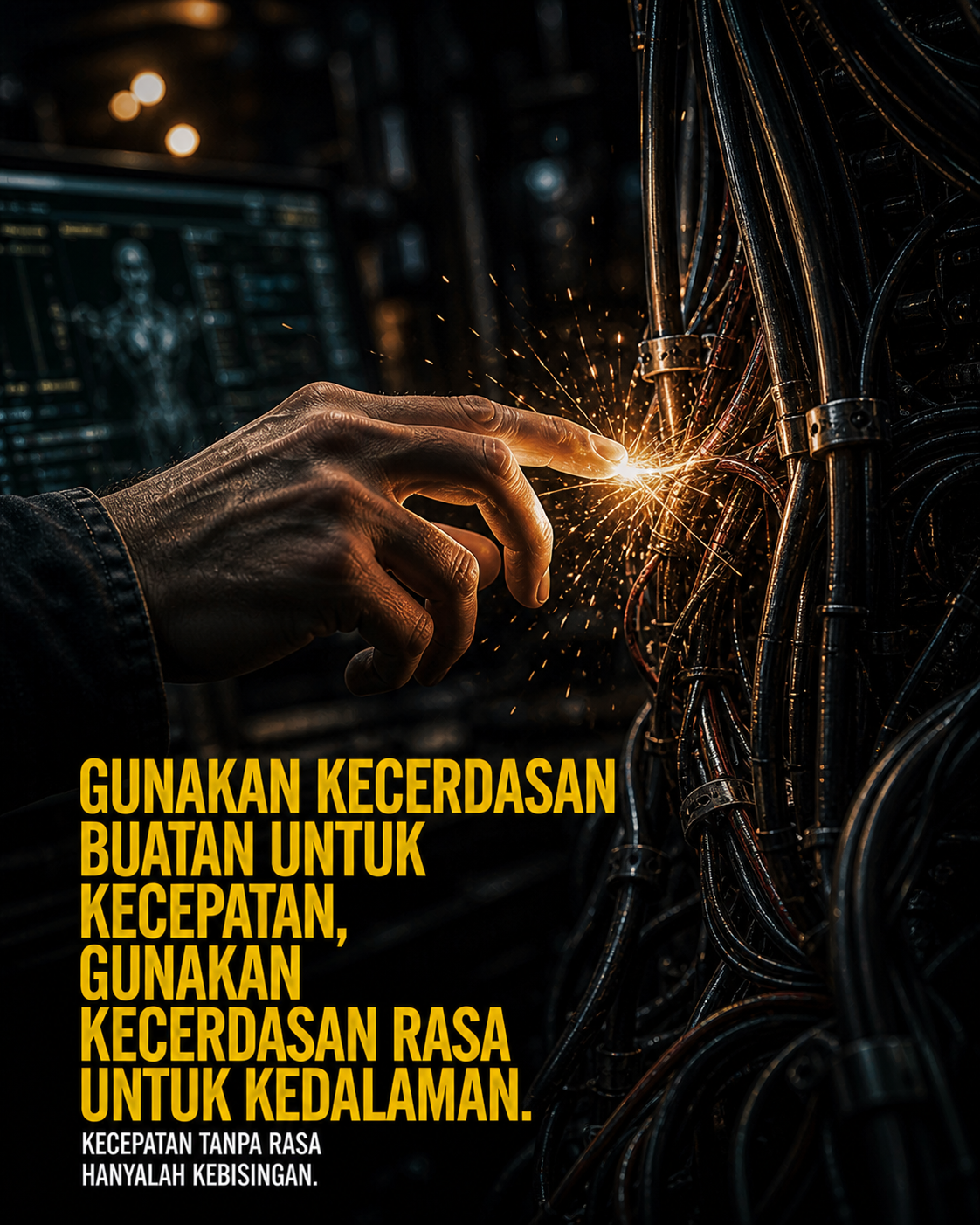 Tangan manusia yang memberikan nyawa berupa percikan cahaya ke dalam kabel-kabel kaku. Gunakan kecerdasan buatan untuk kecepatan dan kecerdasan rasa untuk kedalaman.