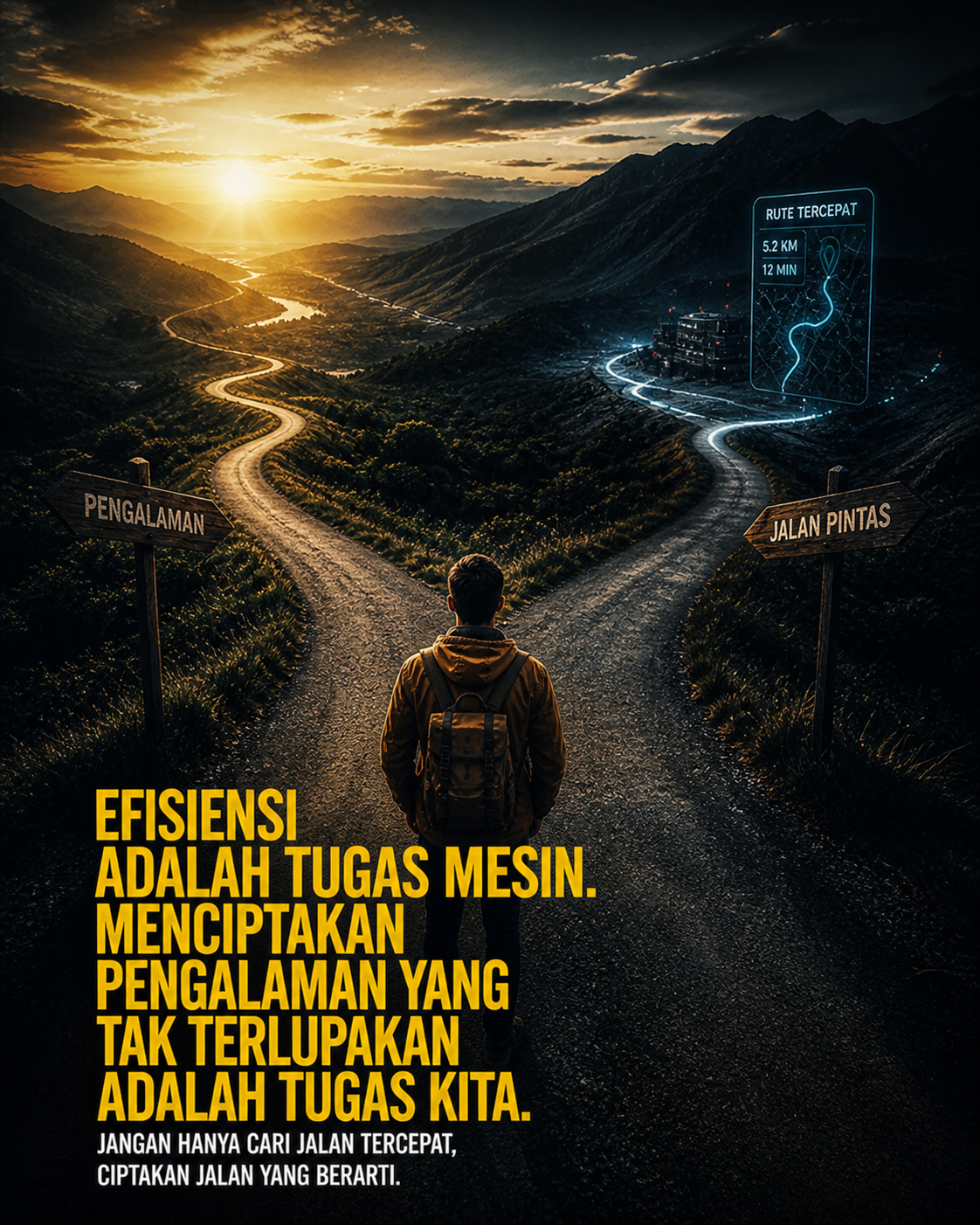 Peta navigasi menunjukkan jalan pintas tapi seseorang memilih jalan memutar yang pemandangannya indah. Efisiensi adalah tugas mesin dan menciptakan pengalaman tak terlupakan adalah tugas kita.
