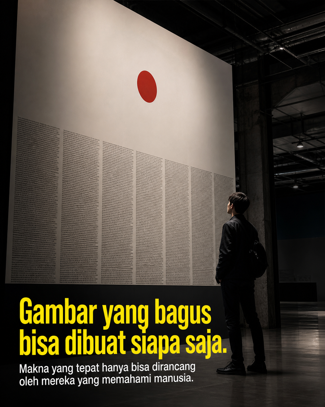 Sebuah poster yang hanya berisi satu titik merah dengan ribuan baris penjelasan mendalam di bawahnya. Gambar bagus bisa dibuat siapa saja tapi makna tepat hanya dirancang mereka yang memahami manusia.