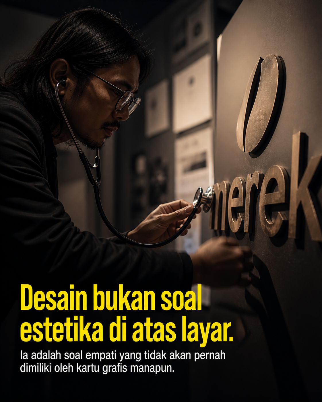 Seseorang mendengarkan detak jantung sebuah merek menggunakan stetoskop. Desain bukan soal estetika melainkan empati yang tidak dimiliki kartu grafis.