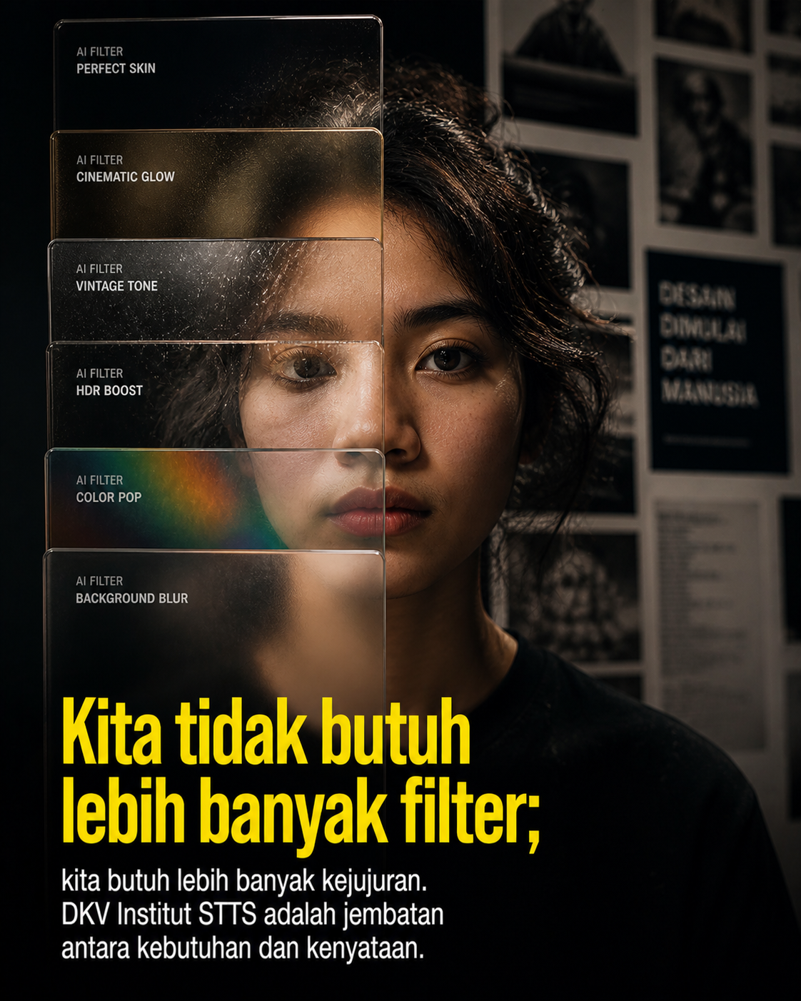 Berbagai filter AI ditumpuk namun tetap terlihat wajah asli yang jujur di baliknya. Kita butuh lebih banyak kejujuran dan DKV Institut STTS adalah jembatannya.