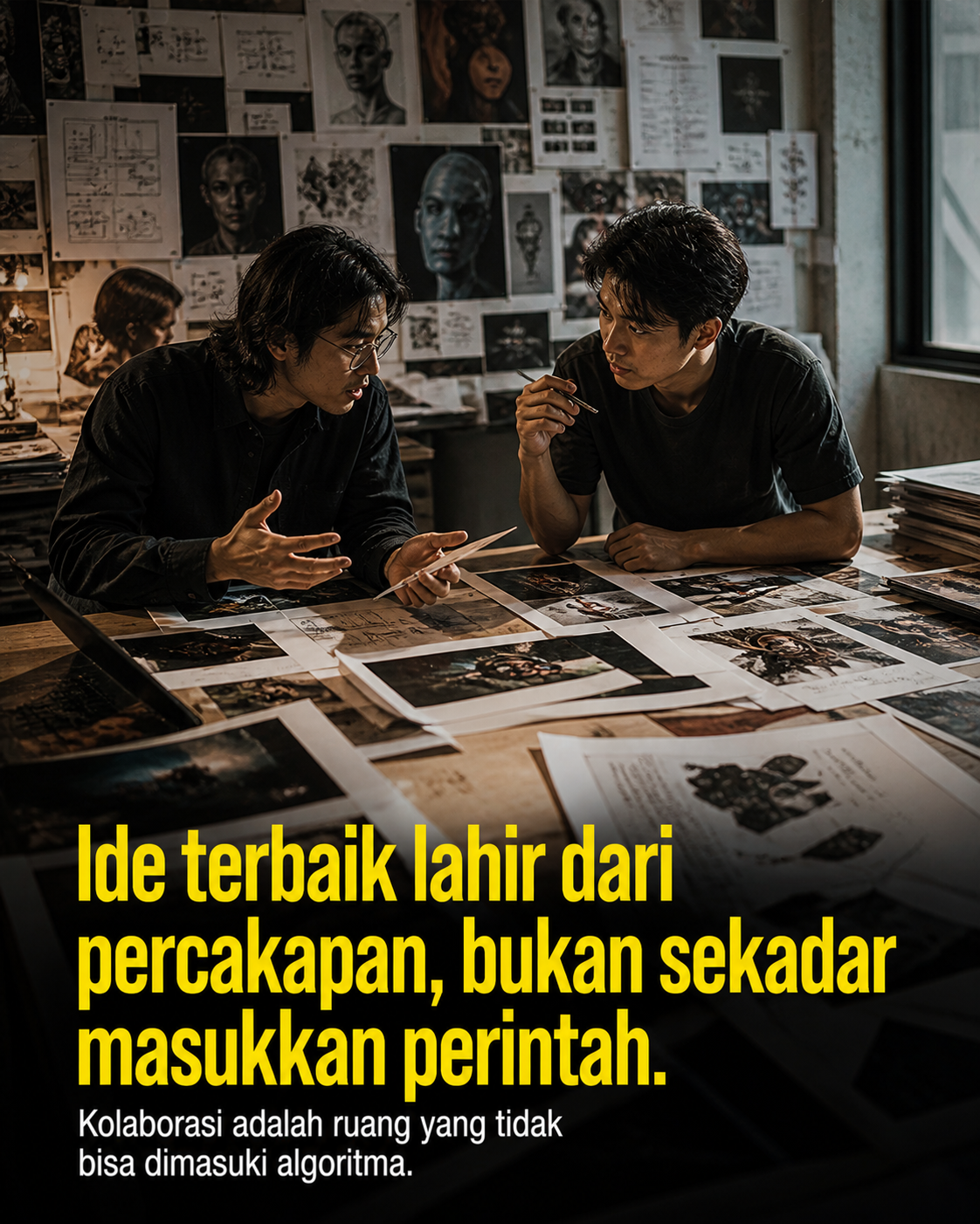 Dua orang berdiskusi intens di depan tumpukan hasil cetak AI yang berserakan. Ide terbaik lahir dari percakapan murni yang tak bisa dimasuki algoritma.