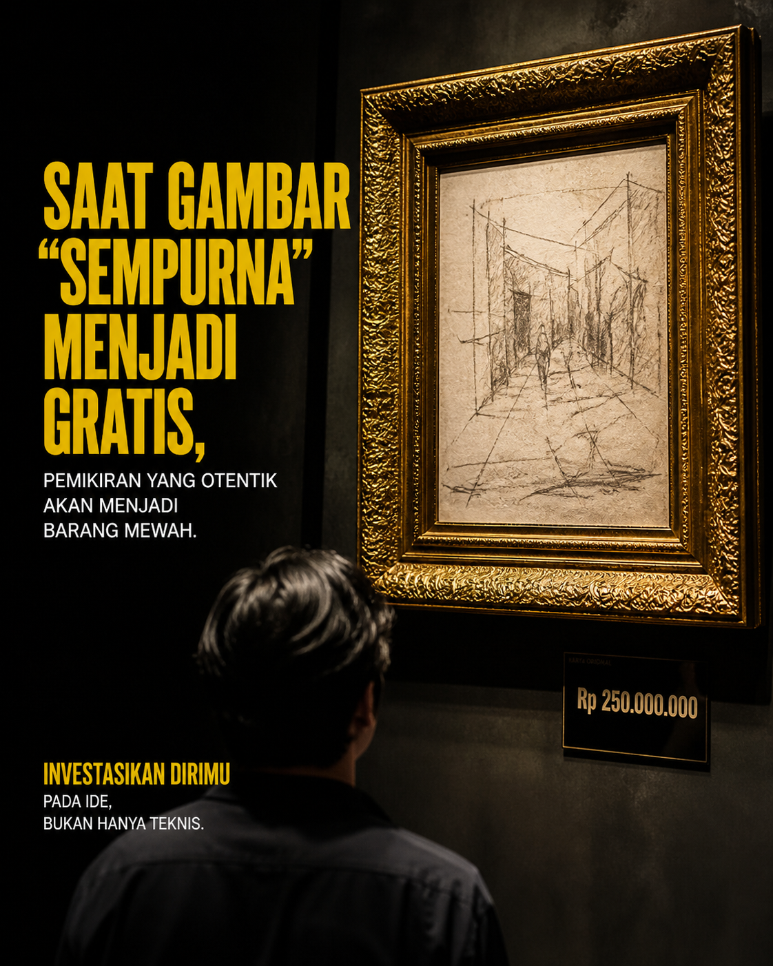 Label harga tinggi pada sketsa kasar berbingkai emas. Saat gambar sempurna menjadi gratis pemikiran otentik akan menjadi barang mewah.