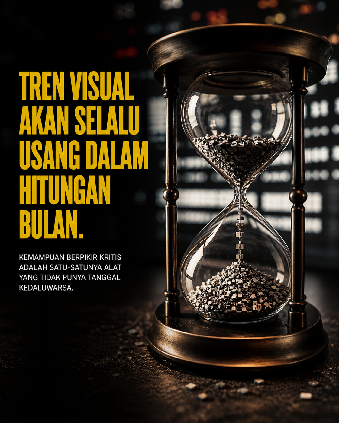 Jam pasir berisi piksel digital yang jatuh perlahan. Kemampuan berpikir kritis adalah satu-satunya alat yang tidak punya tanggal kedaluwarsa.