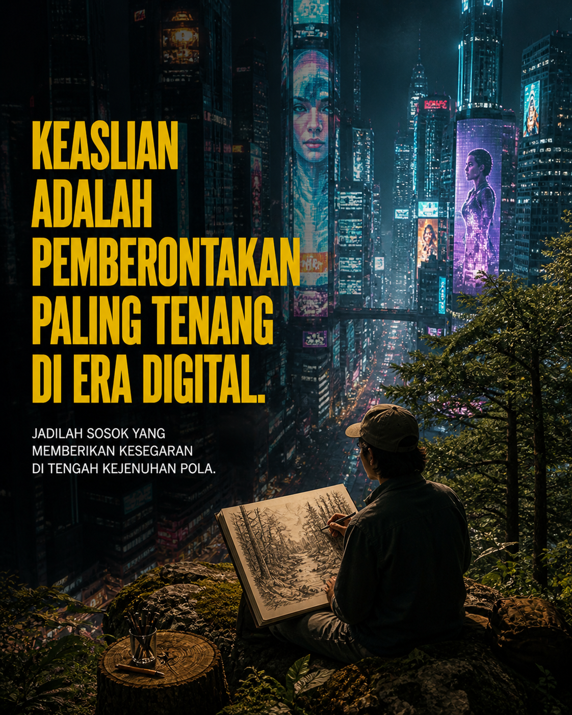 Pemandangan hutan digambar manual dengan sangat detail di tengah kota penuh hologram. Keaslian adalah pemberontakan paling tenang di era digital.