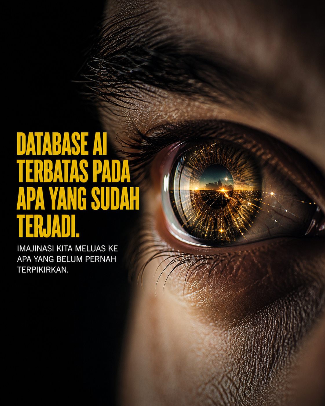 Mata manusia bercahaya merefleksikan kemungkinan yang belum ada di database manapun. Imajinasi kita meluas ke apa yang belum pernah terpikirkan.