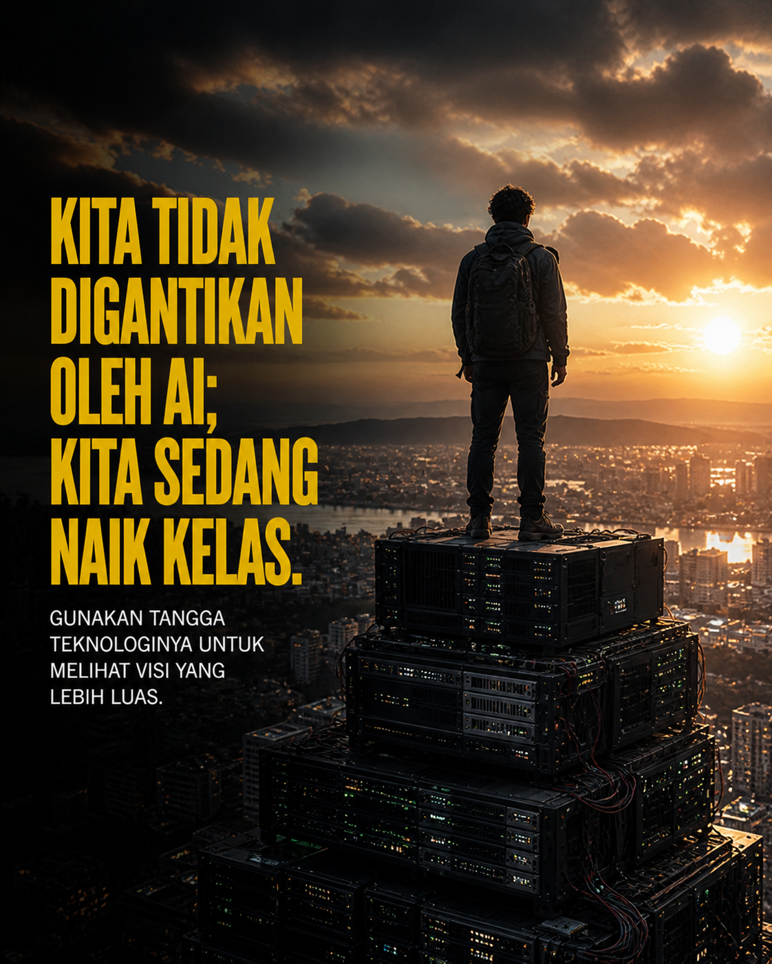 Seseorang berdiri di atas tumpukan server menatap cakrawala. Kita sedang naik kelas dengan menggunakan tangga teknologi untuk melihat visi luas.